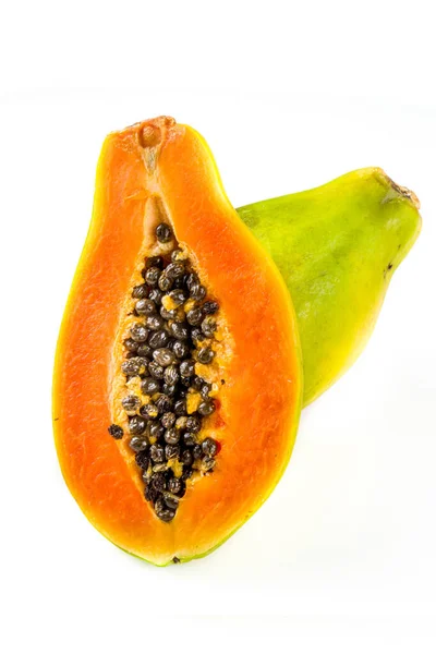 Raw Juicy Fresh Papaya Fruit Isolate White Background Half Whole — Stock Photo, Image