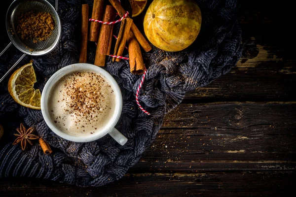 秋天甜热饮 柴油朗姆酒 南瓜派或南瓜香料咖啡拿铁 舒适的秋天背景 传统的拿铁杯 香料和旧毛衣 在乡村的木制背景上 — 图库照片