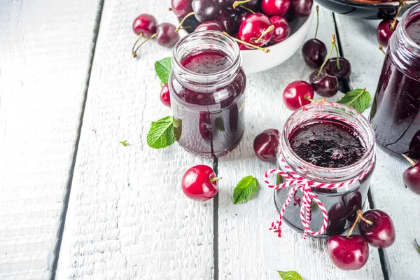 Jar Cherry Jam Homemade Sweet Sour Cherry Jam Fresh Cherries — Stock Photo, Image