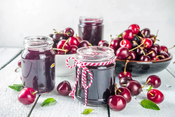 Jar Cherry Jam Homemade Sweet Sour Cherry Jam Fresh Cherries — Stock Photo, Image