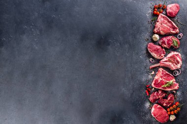 Bir dizi klasik, alternatif çiğ et, dana bifteği - şato mignon, t-bone, tomahawk, striploin, fileto, New York bifteği. Gri taş kesme masasının üstünde düz bir görünüm vardı.