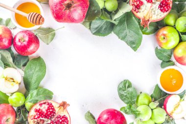 Rosh hashanah, Yahudi Yeni Yıl tatili konsepti, afiş. Geleneksel semboller, elmalar, nar, bal. Rosh hashanah tebrik kartı geçmişi.