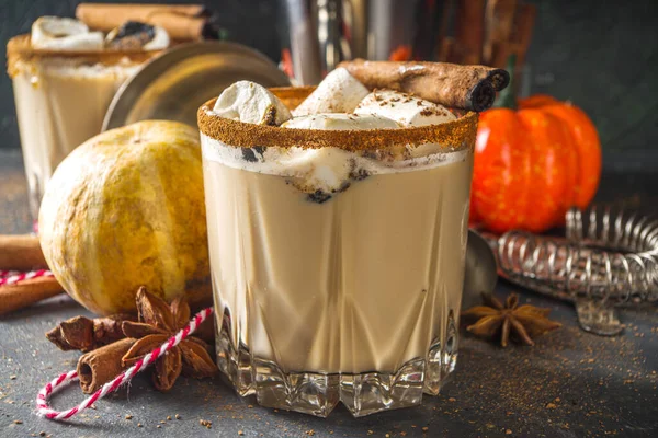 Hot pumpkin spice cocktail, pumpkin white russian cocktail, with marshmallow and pumpkin spices, dark background copy space