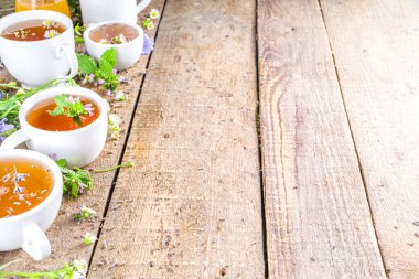 Farklı bitkisel çay seti. Çeşitli fincanlar, organik bitki çayı, papatya çayı, hindiba, nane şekeri, lavanta. Organik doğal içecek konsepti. Sağlık ve dokunulmazlık içecekleri