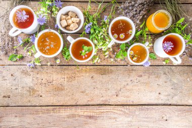 Farklı bitkisel çay seti. Çeşitli fincanlar, organik bitki çayı, papatya çayı, hindiba, nane şekeri, lavanta. Organik doğal içecek konsepti. Sağlık ve dokunulmazlık içecekleri