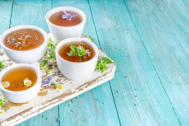 Farklı bitkisel çay seti. Çeşitli fincanlar, organik bitki çayı, papatya çayı, hindiba, nane şekeri, lavanta. Organik doğal içecek konsepti. Sağlık ve dokunulmazlık içecekleri