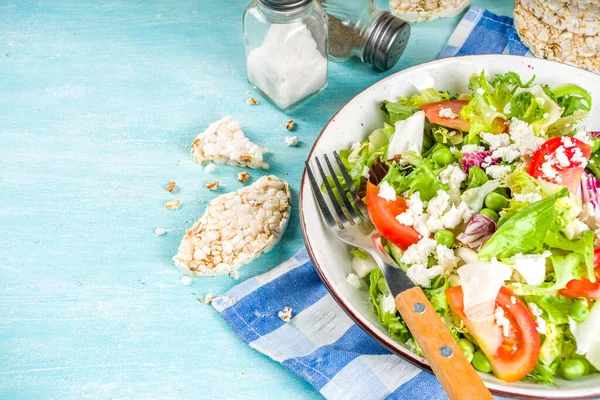 Vegan Vegetariano Fundo Comida Verão Salada Legumes Com Tomate Alface — Fotografia de Stock