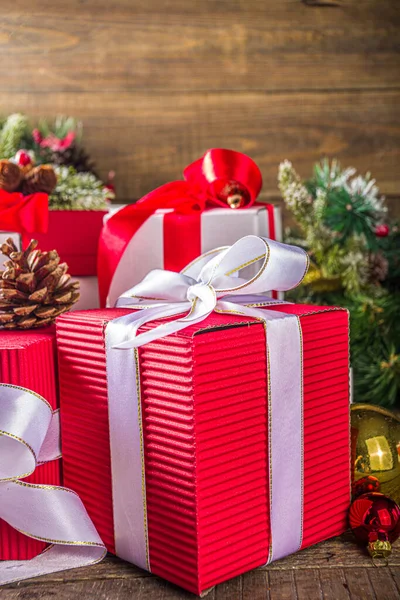 Natal Fundo Cartão Saudação Muitas Caixas Presente Vermelho Branco Com — Fotografia de Stock