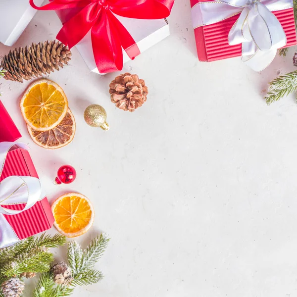 Fondo Tarjeta Felicitación Navidad Año Nuevo Navidad Rojo Blanco Cajas — Foto de Stock