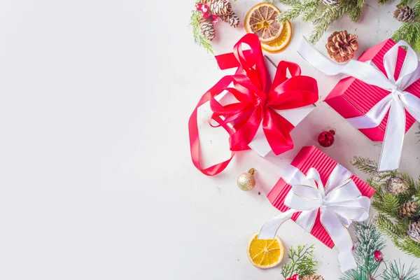 Natal Ano Novo Fundo Cartão Saudação Natal Vermelho Branco Caixas — Fotografia de Stock