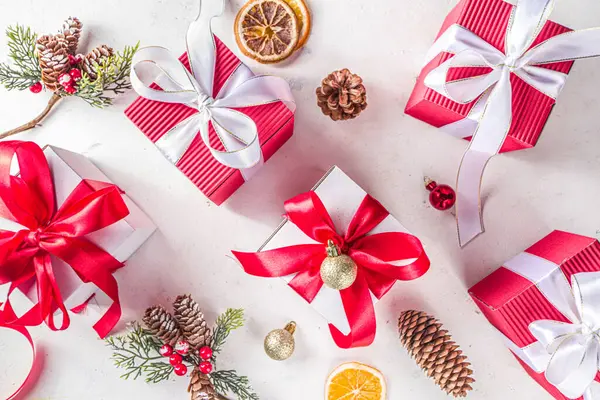 Natal Ano Novo Fundo Cartão Saudação Natal Vermelho Branco Caixas — Fotografia de Stock