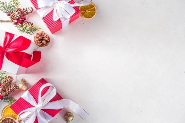 Natal Ano Novo Fundo Cartão Saudação Natal Vermelho Branco Caixas — Fotografia de Stock