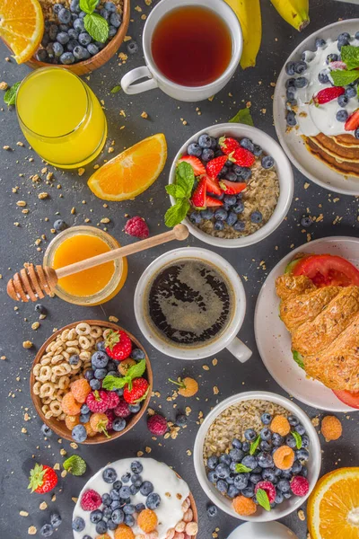 Olika Frukost Mat Koncept Traditionell Hälsosam Frukost Mat Och Dryck — Stockfoto