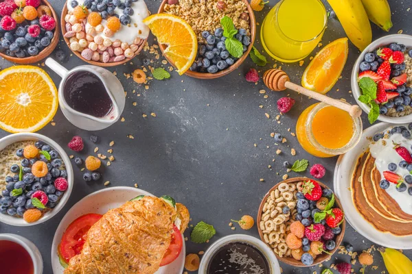 Verschiedene Frühstücks Food Konzept Traditionelle Gesunde Frühstücksspeisen Und Getränke Hafer — Stockfoto