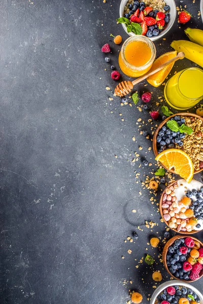 Verschiedene Frühstücks Food Konzept Traditionelle Gesunde Frühstücksspeisen Und Getränke Hafer — Stockfoto