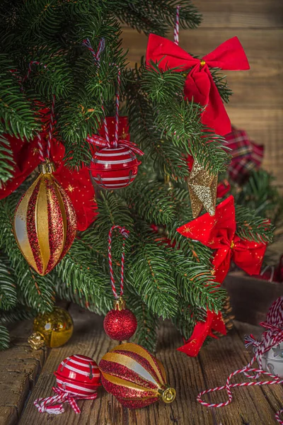 Natale Sfondo Vacanza Albero Natale Decorato Con Palla Tradizionale Giocattoli — Foto Stock