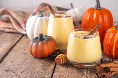 Sonbahar içkisi, balkabağı baharatlı eggnog kokteyli, bal, tarçın çubukları ve anason yıldızları, lezzetli tatlı mevsimi içeceği 