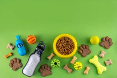 Parlak arka planda köpek ve kedi için yiyecek, atıştırmalık, oyuncak ve aksesuarlı düz bir kompozisyon vardı. Hayvan bakımı, köpek alışverişi ve satış konsepti. Üst görünüm kopya alanı