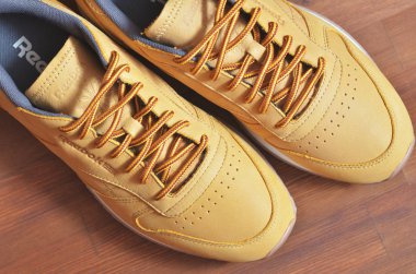 Kiev, Ukrayna - 30 Mayıs 2018: Reebok hafif kahverengi erkek spor ayakkabı ahşap arka plan üzerinde