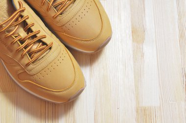 Kiev, Ukrayna - 30 Mayıs 2018: Reebok bir çift kahverengi ayakkabı sol üst köşede duruyor