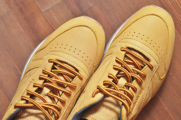 Kiev, Ukrayna - 30 Mayıs 2018: Reebok iki kahverengi ayakkabı yan yana fotoğraf yukarıda duran ışık