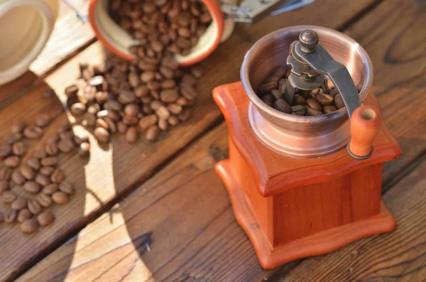 Clay Jar Which Poured Grain Manual Coffee Grinder Wooden Boards — Stock Photo, Image