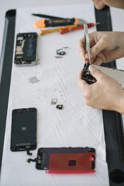 Electronics repair service. Technician disassembling smartphone for inspecting.