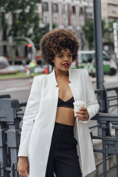 Beautiful Afro Hair Girl Mobile Phone Streets Madrid Spain — Stock Photo, Image
