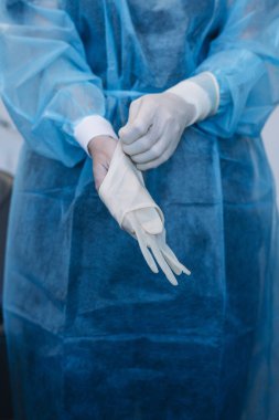 doctor in rubber gloves / concept sterility purity, medical clinic, laboratory, gloves on the hands of a doctor clipart