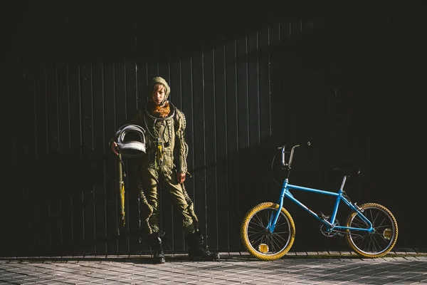 Portrait Boy Bicycle Street Astronaut Dress — Stock Photo, Image