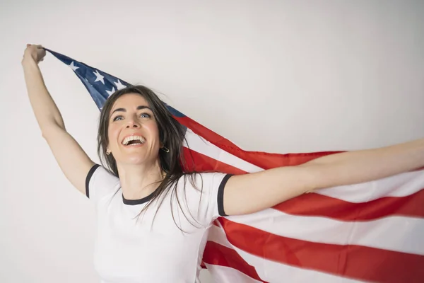 Mujer Feliz Con Bandera Los Estados Unidos — Foto de Stock