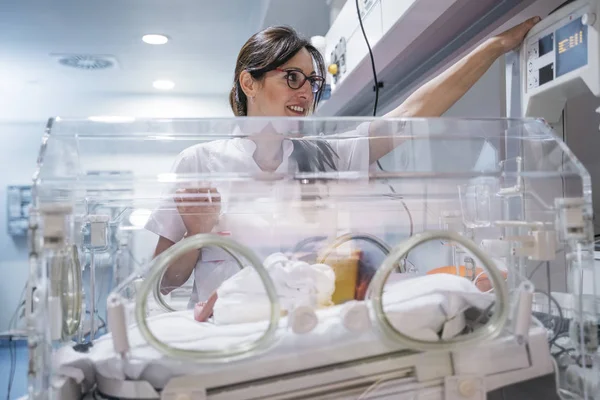 インキュベーターで新生児を検査する女性医師 — ストック写真