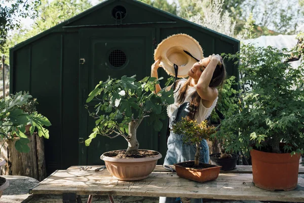 Wanita cantik menempatkan bonsais di taman — Stok Foto