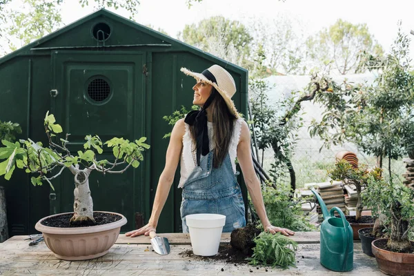 Portrait of woman transplanting plant a into a new pot — Stok Foto