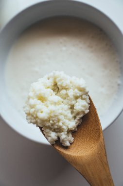 Kefir taneleri yakın kadar ahşap kaşık üzerinde gergin olmak