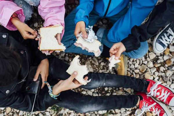 As crianças com sanduíche embrulhado em papel prateado — Fotografia de Stock