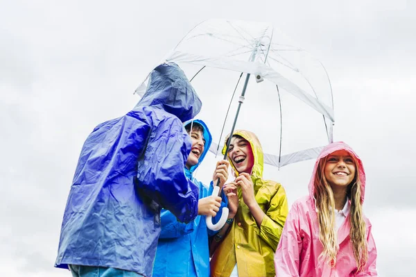 Cuatro amigos jugando al aire libre con un paraguas en un día lluvioso . —  Fotos de Stock