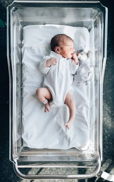 Новонароджений хлопчик спить у лікарняному ліжку — стокове фото