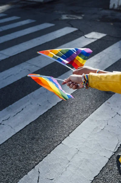 As mãos de mulheres com uma bandeira de orgulho gay — Fotografia de Stock