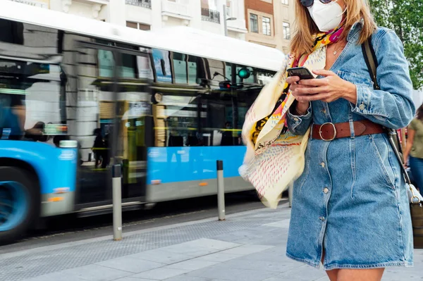 Woman Using Mobile Phone Street She Wearing Protective Mask Prevention — Stock Photo, Image