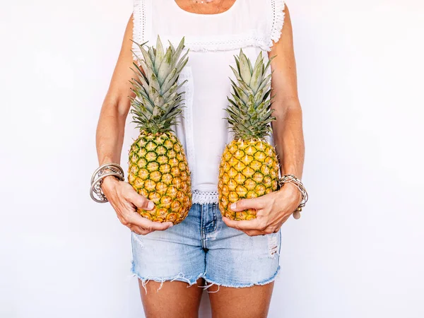 Woman Holding Pineapple White Wall — Stock Photo, Image