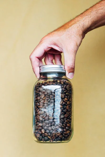 Hand Glass Pot Full Coffee Beans — Stock Photo, Image