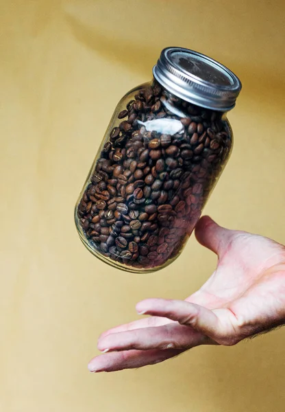 Hand Glass Pot Full Coffee Beans — Stock Photo, Image