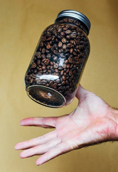 Hand Glass Pot Full Coffee Beans — Stock Photo, Image