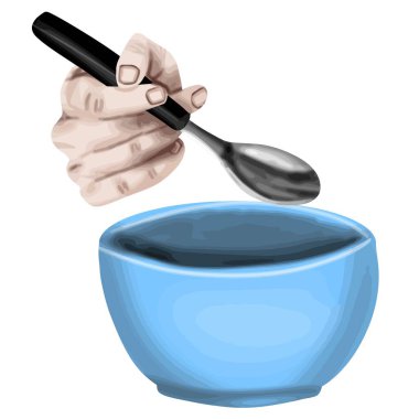 İnsan eli bir kasenin üstünde kaşık tutuyor.