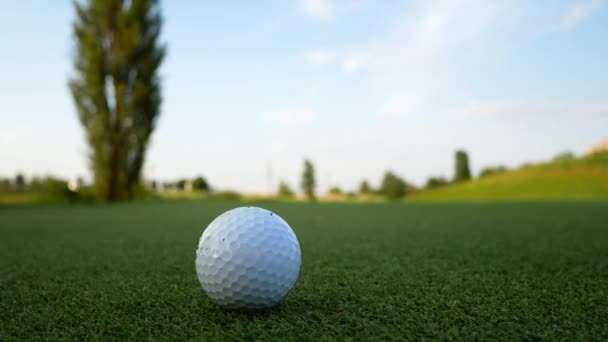 Blanco pelota de golf se encuentra en la hierba verde — Vídeos de Stock