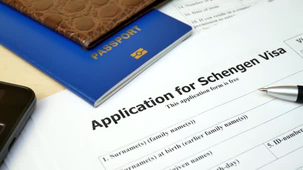 Application for Schengen Visa with passport, apply and permission for foreign country — Stock Video