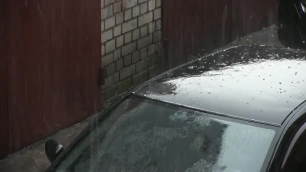 Grote hagel stenen bekogelen autodak tijdens storm — Stockvideo