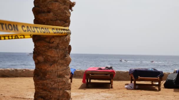 Cinta de precaución en la playa con palma — Vídeos de Stock