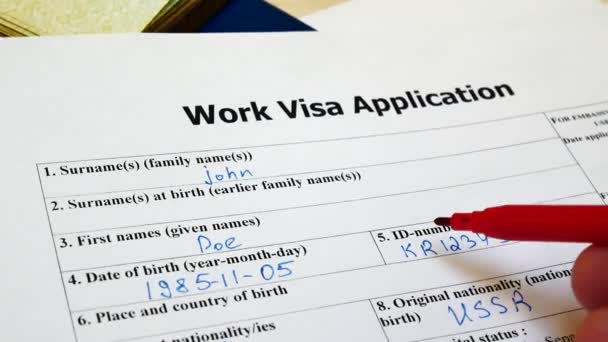 授予签证的决定 在空白工作签证申请表中 在复选框中拒绝钢笔投票 外国人护照 申请和许可文件 — 图库视频影像